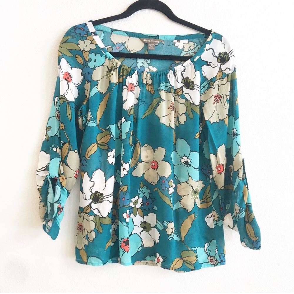 Tommy Bahama Tropical Teal Floral Blouse Sheer Roll Tab Sleeve Cupro Airy XS